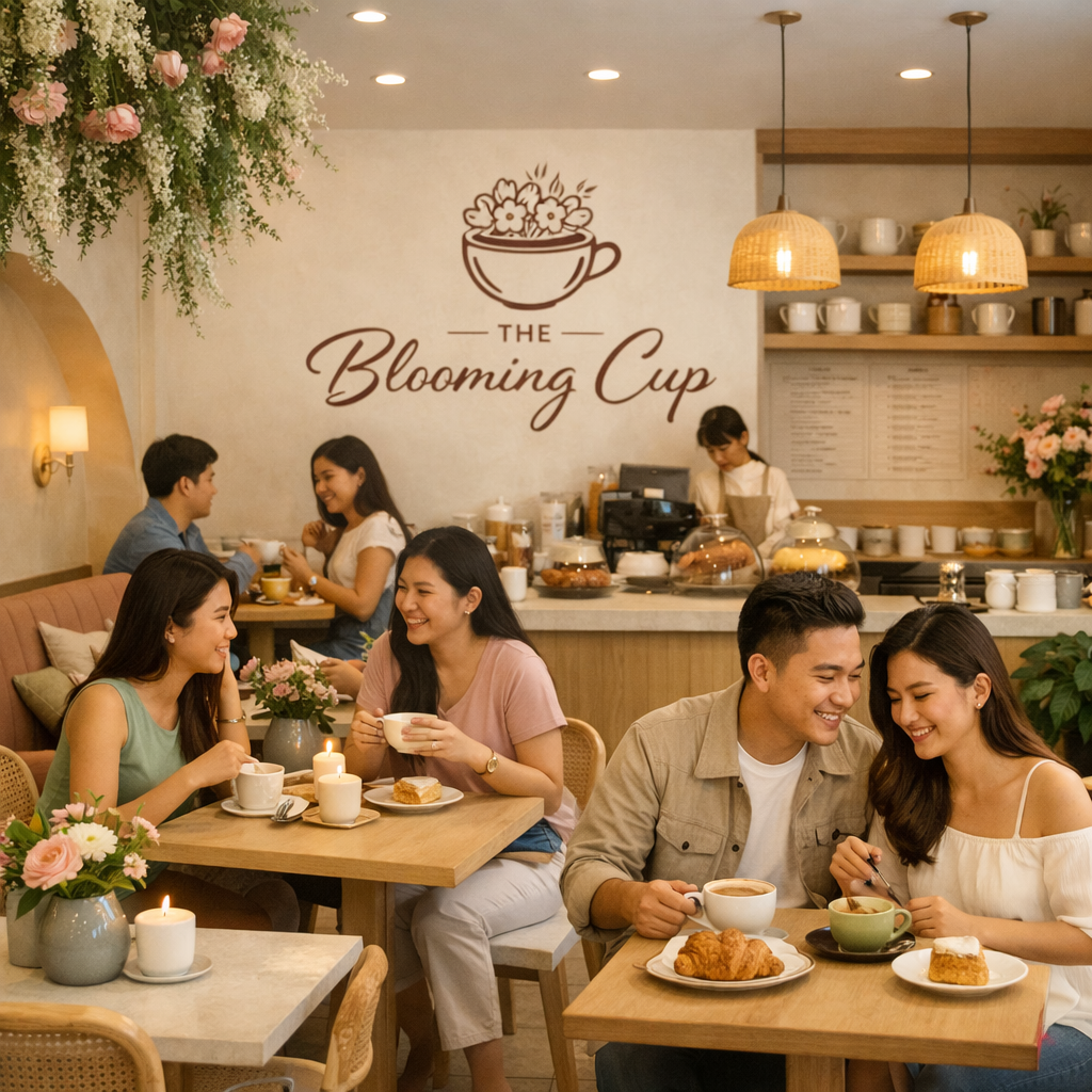 Filipino guests enjoying drinks and pastries inside The Blooming Cup Café, seated at light wooden tables with floral arrangements, surrounded by blush, cream, and sage interiors with warm lighting and boutique decor.