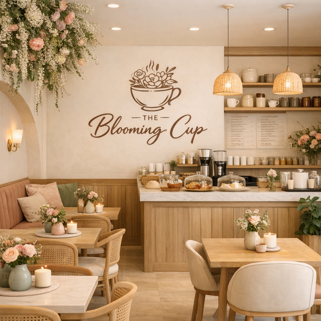Interior of The Blooming Cup Café featuring soft blush and cream tones, floral arrangements, light wood furniture, and cozy seating with sage and pink accents.